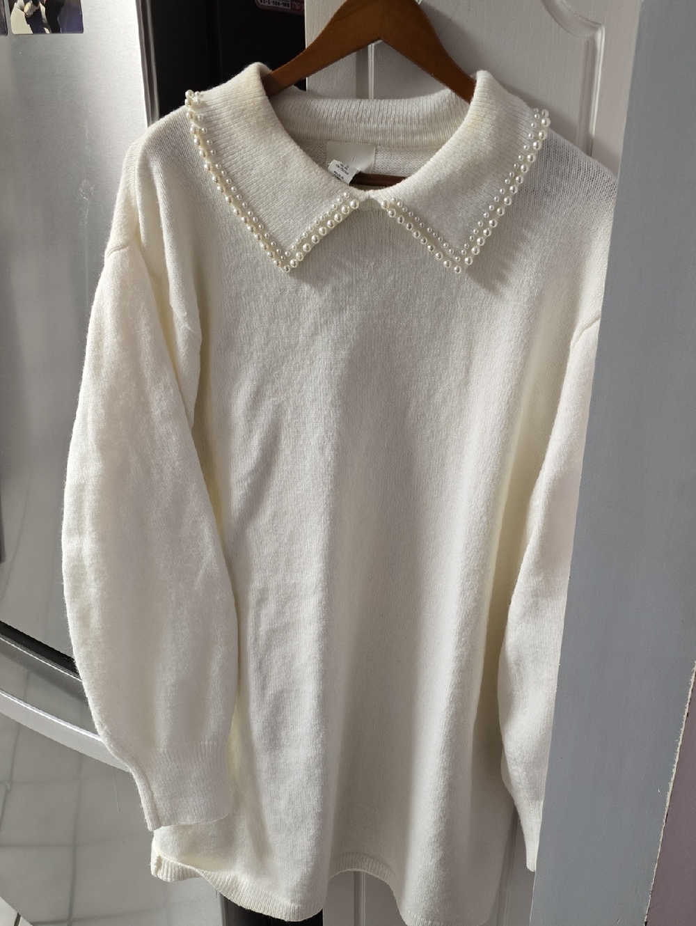 H And M Cream Pearl-Trim Collared Sweater dress